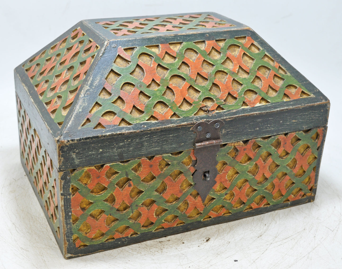 Vintage Wooden Dome Shaped Large Storage Box Original Old Fine Carved Polychrome