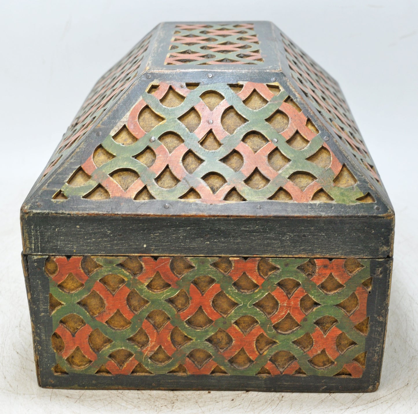 Vintage Wooden Dome Shaped Large Storage Box Original Old Fine Carved Polychrome