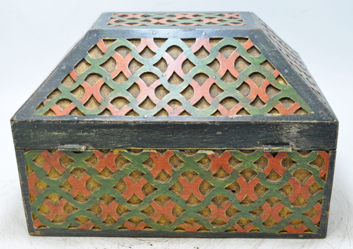 Vintage Wooden Dome Shaped Large Storage Box Original Old Fine Carved Polychrome