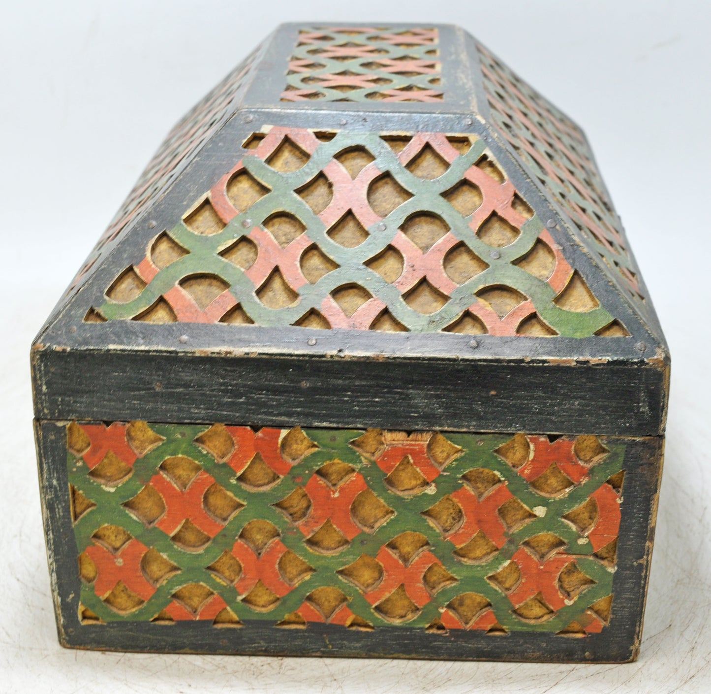 Vintage Wooden Dome Shaped Large Storage Box Original Old Fine Carved Polychrome