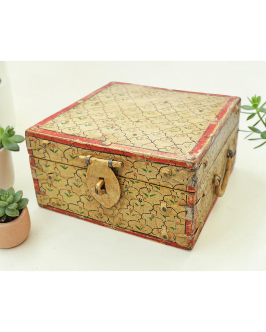 Vintage Wooden Square Storage Box Original Old Hand Crafted Fine Painted