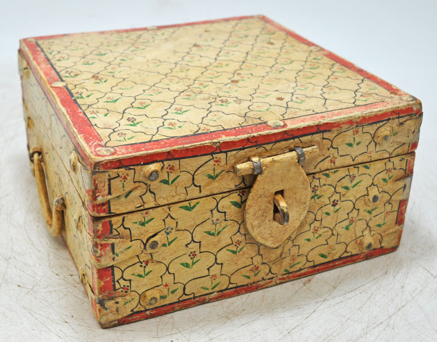 Vintage Wooden Square Storage Box Original Old Hand Crafted Fine Painted
