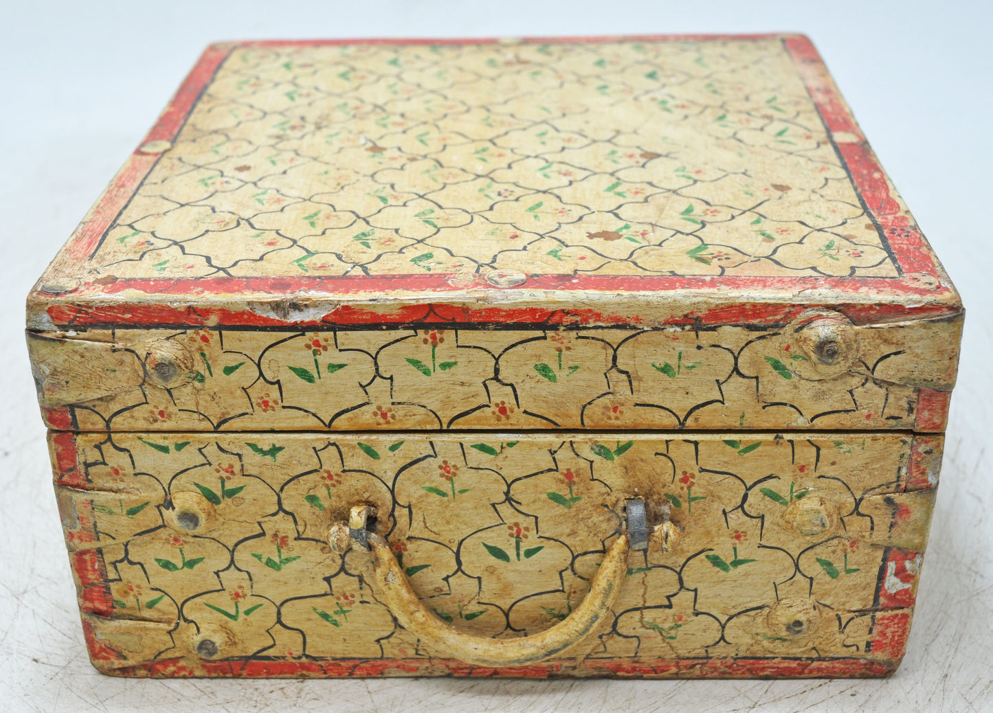 Vintage Wooden Square Storage Box Original Old Hand Crafted Fine Painted