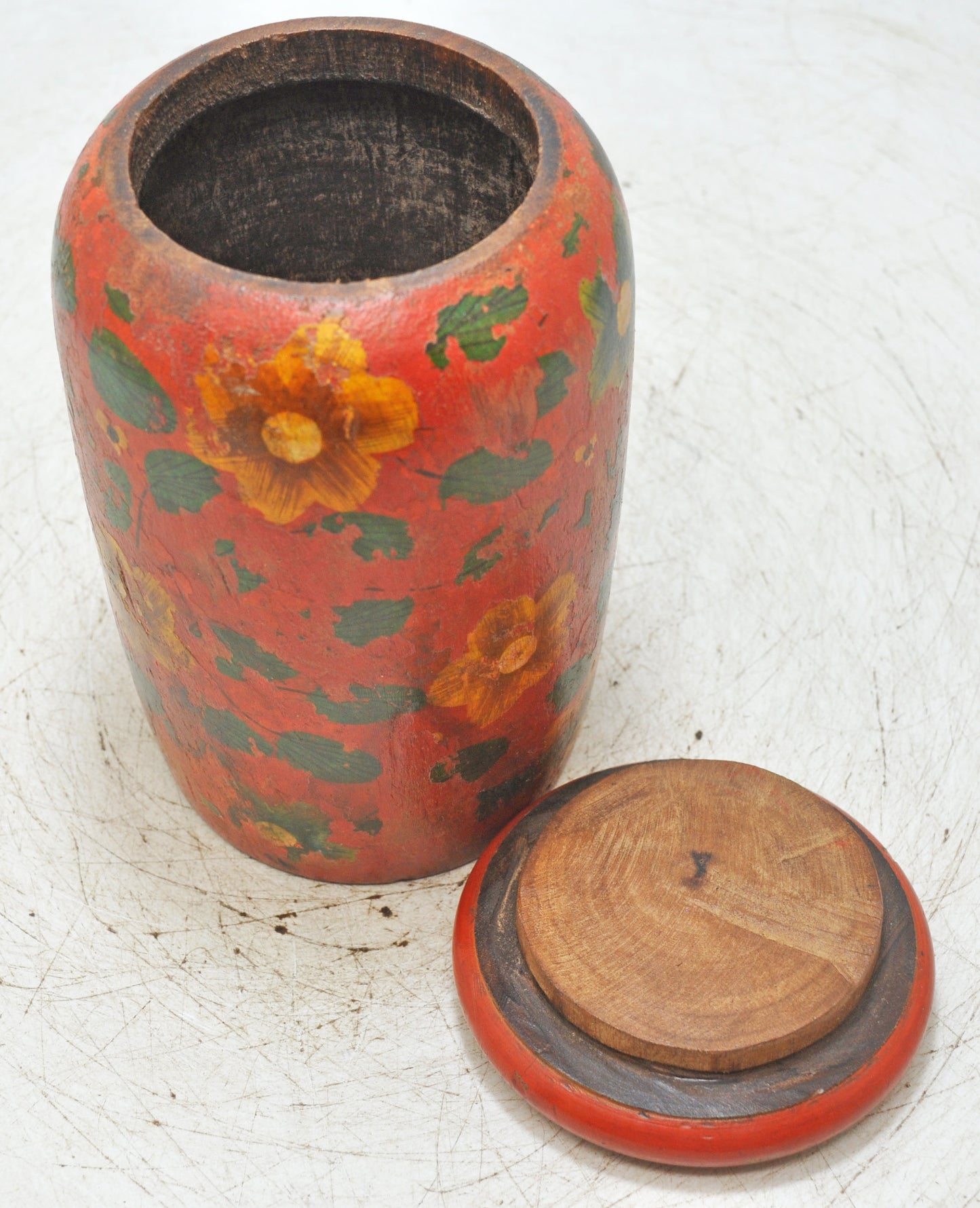 Vintage Wooden Round Candy Box Original Old Hand Carved Fine Painted