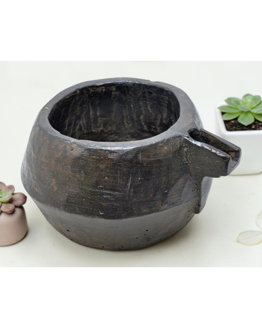 Antique Wooden Round Water Storage Pot With Spout Original Old Hand Carved