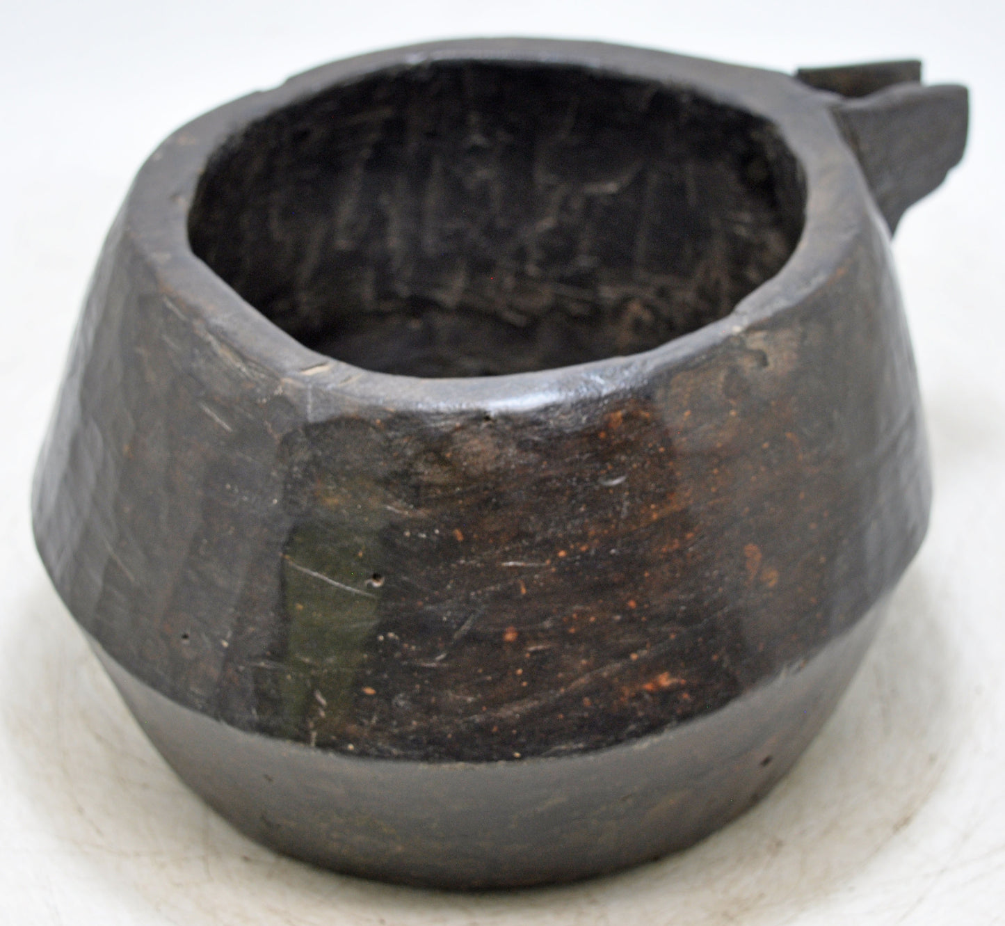 Antique Wooden Round Water Storage Pot With Spout Original Old Hand Carved