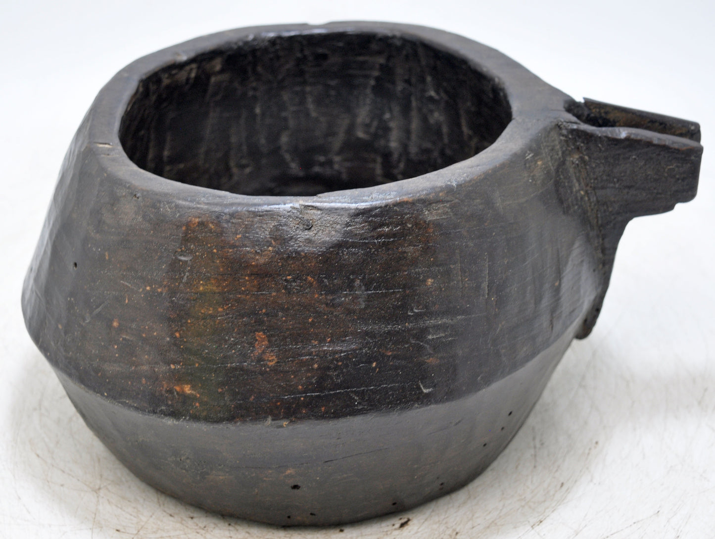Antique Wooden Round Water Storage Pot With Spout Original Old Hand Carved
