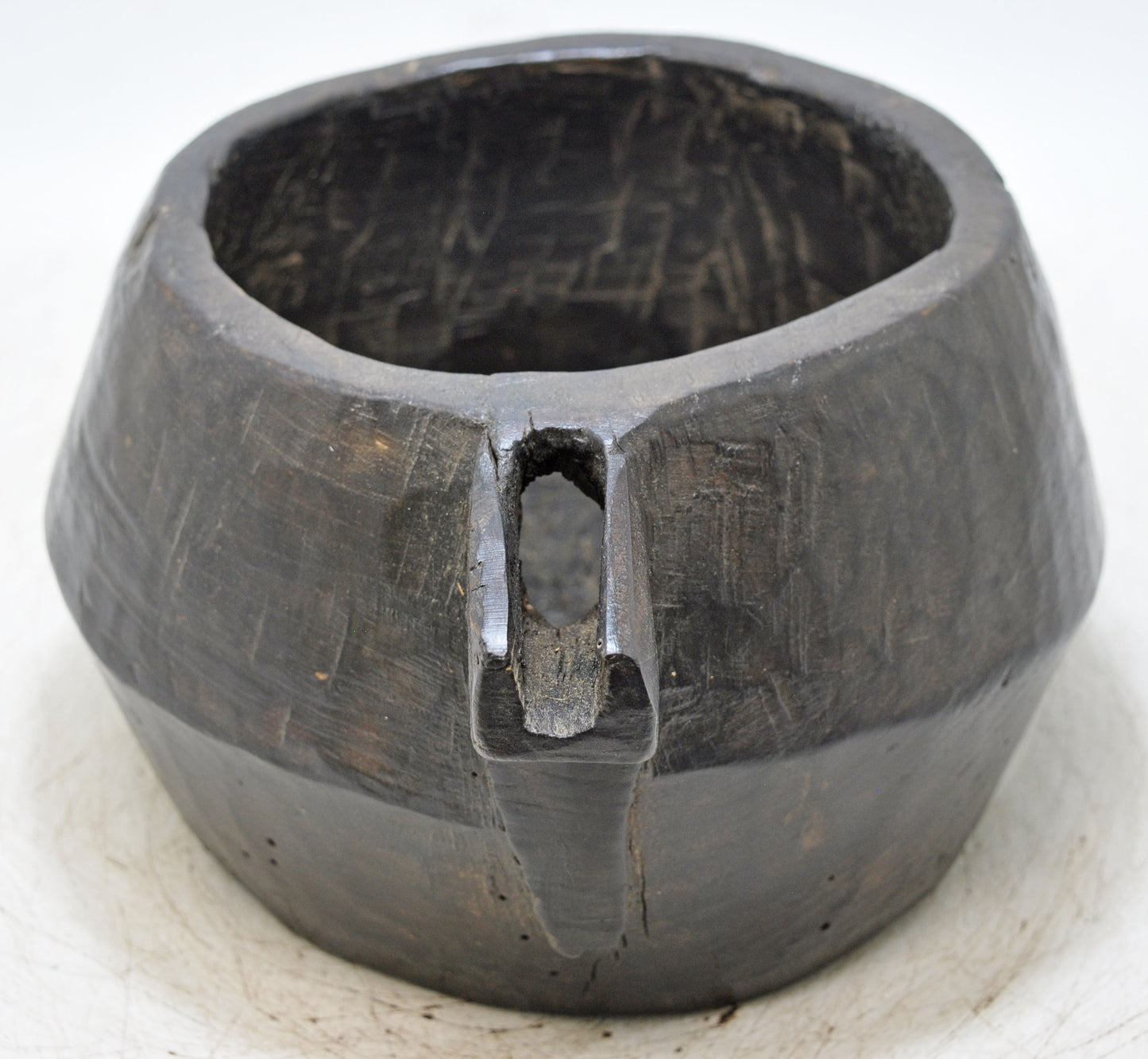 Antique Wooden Round Water Storage Pot With Spout Original Old Hand Carved