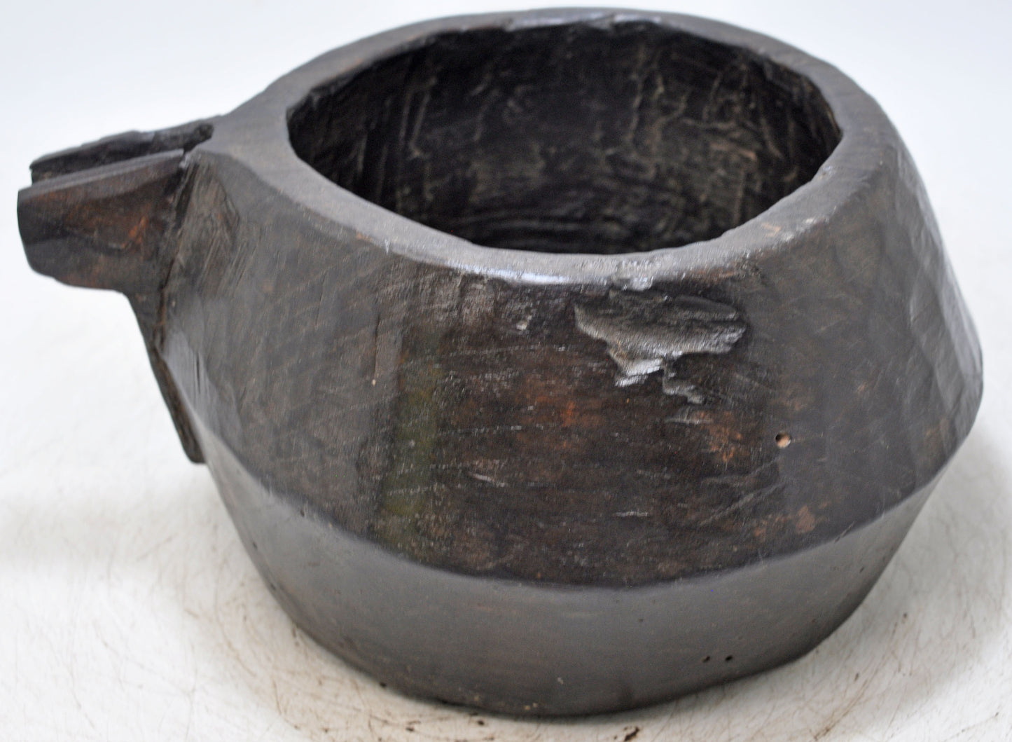 Antique Wooden Round Water Storage Pot With Spout Original Old Hand Carved