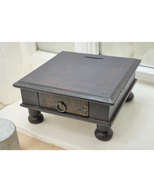 Antique Wooden Square Floor Sitting Stool Original Old Hand Crafted