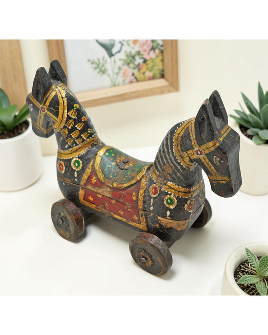 Hand Carved Wooden Horse on Wheels Figurine Spice Box Fine Rustic Hand Painted