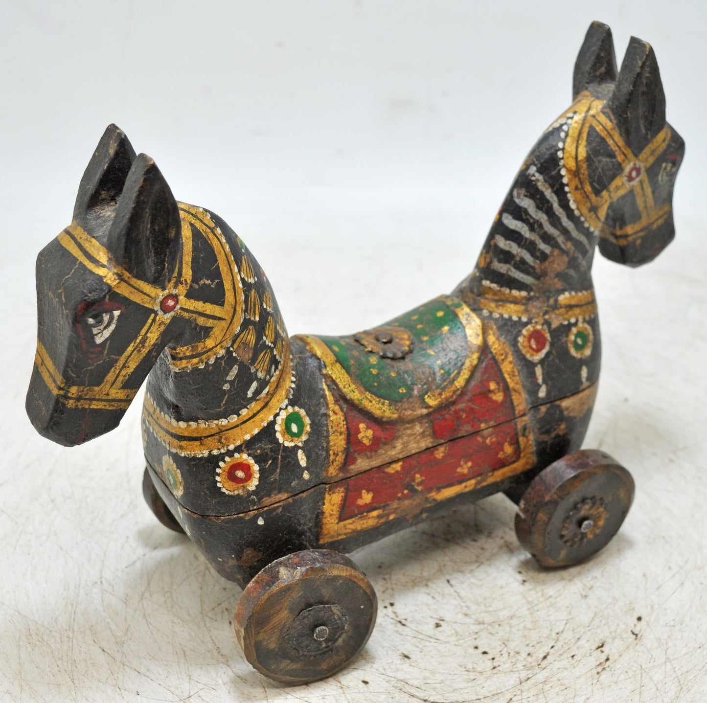 Hand Carved Wooden Horse on Wheels Figurine Spice Box Fine Rustic Hand Painted
