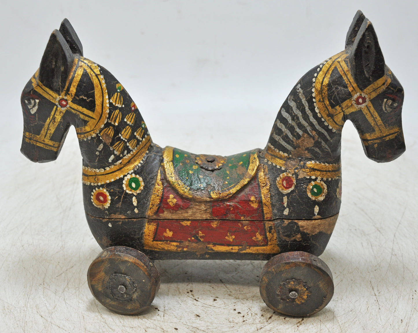 Hand Carved Wooden Horse on Wheels Figurine Spice Box Fine Rustic Hand Painted
