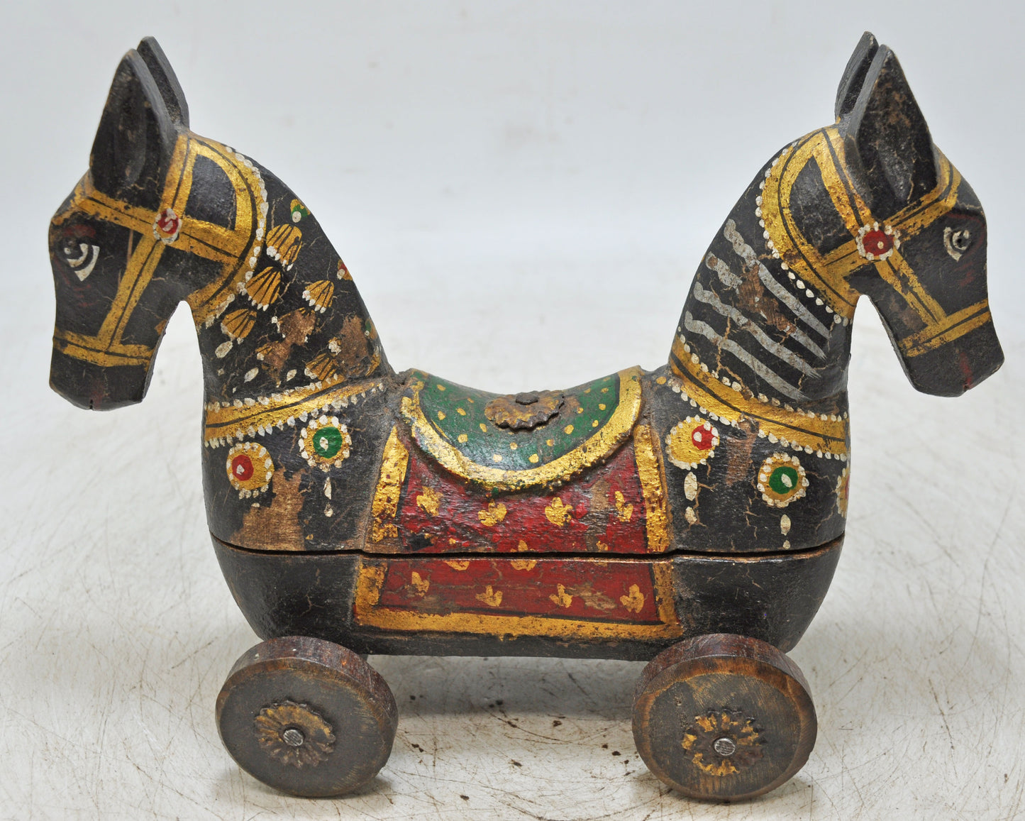 Hand Carved Wooden Horse on Wheels Figurine Spice Box Fine Rustic Hand Painted
