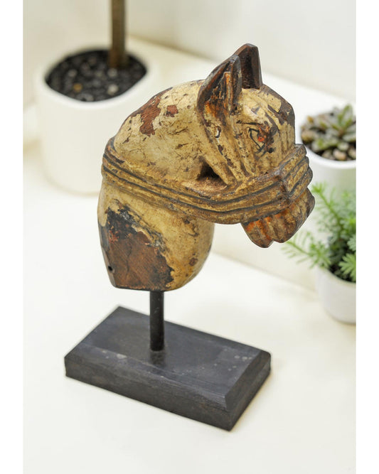 Antique Wooden Horse Head Figurine Original Old Hand Carved