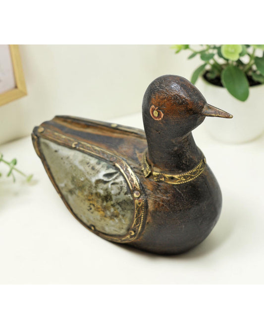 Vintage Wooden Duck Figurine Original Old Hand Carved White Metal Fitted