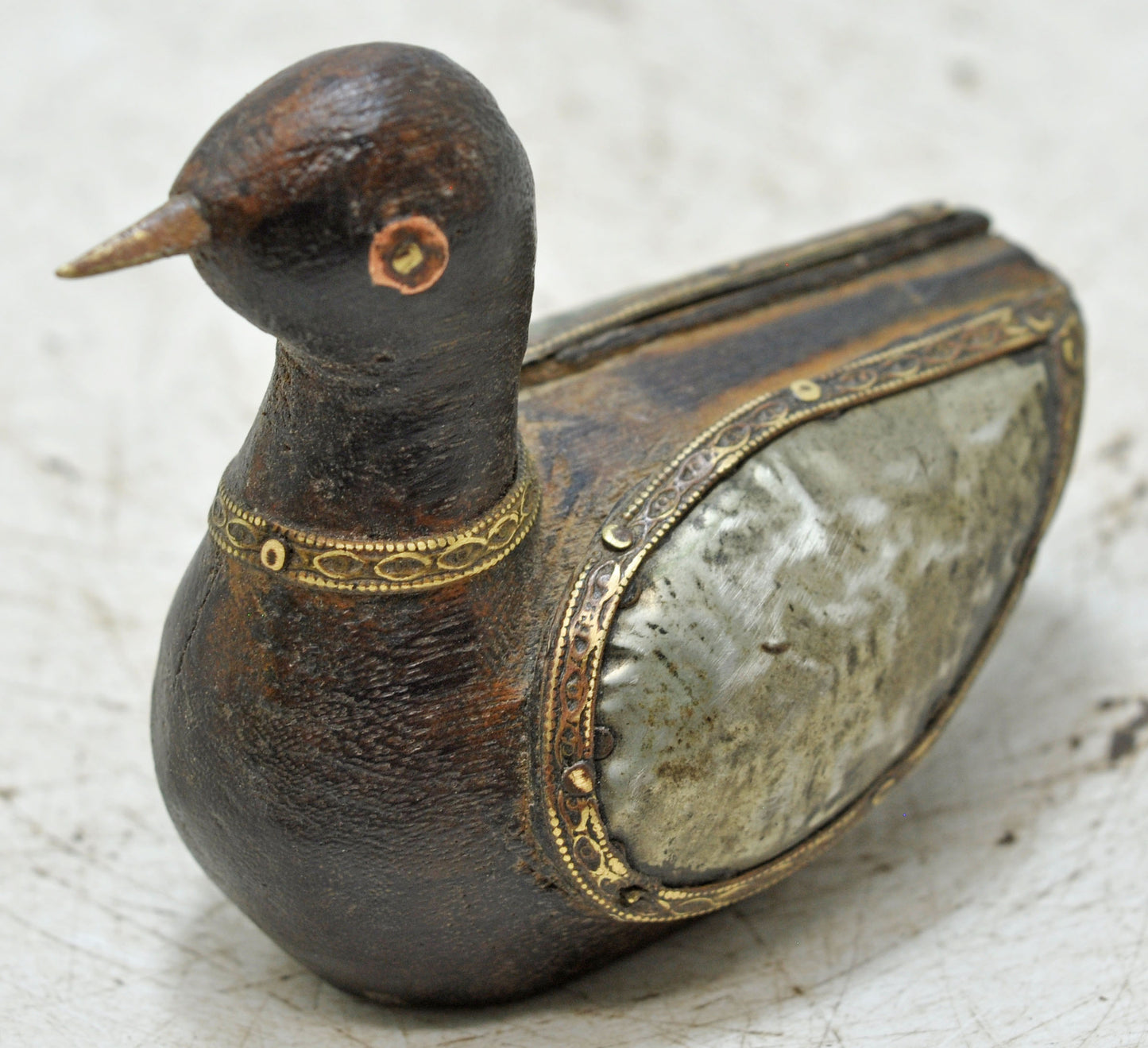 Vintage Wooden Duck Figurine Original Old Hand Carved White Metal Fitted