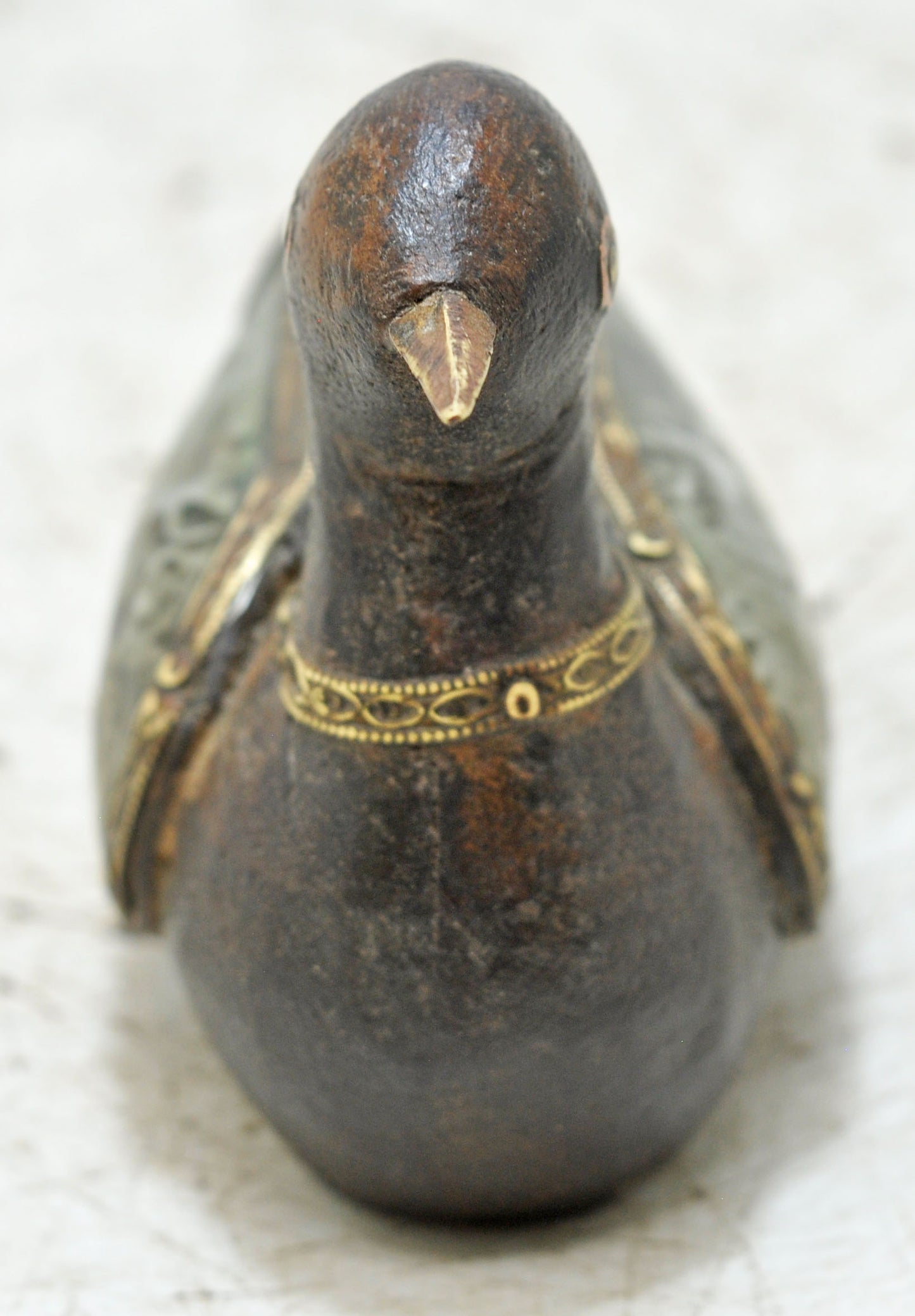 Vintage Wooden Duck Figurine Original Old Hand Carved White Metal Fitted