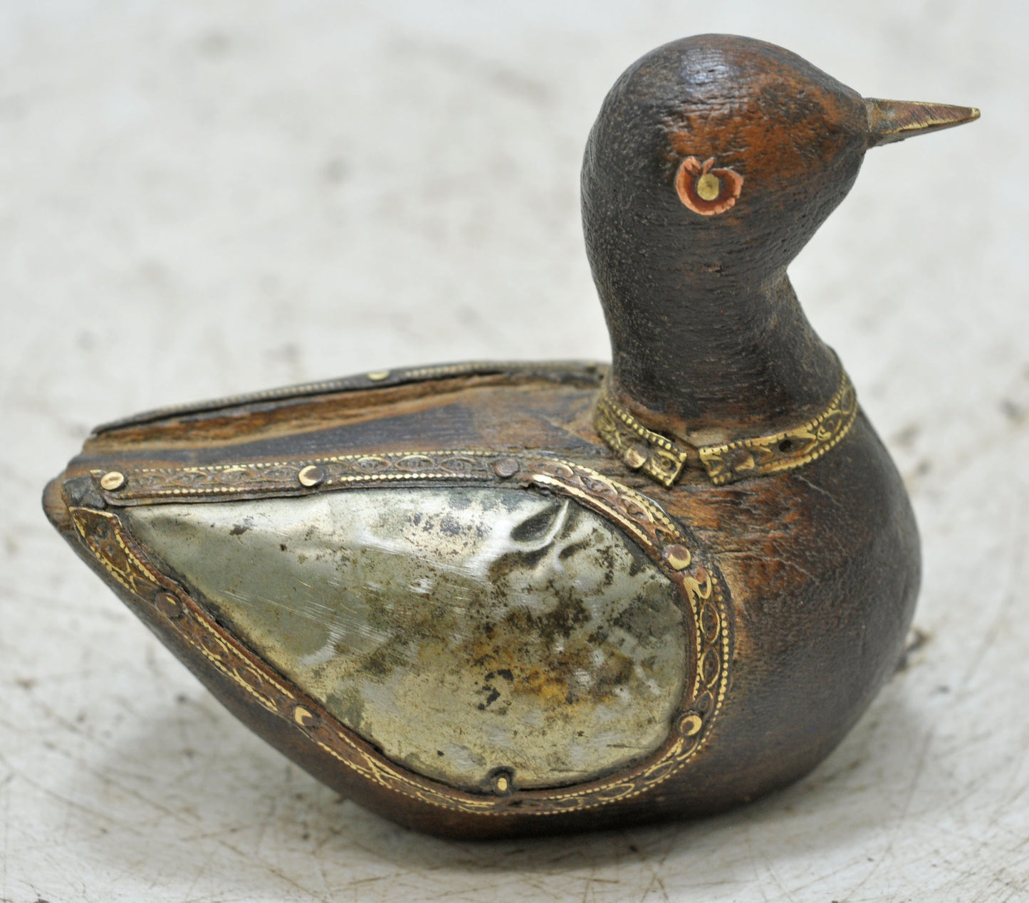 Vintage Wooden Duck Figurine Original Old Hand Carved White Metal Fitted