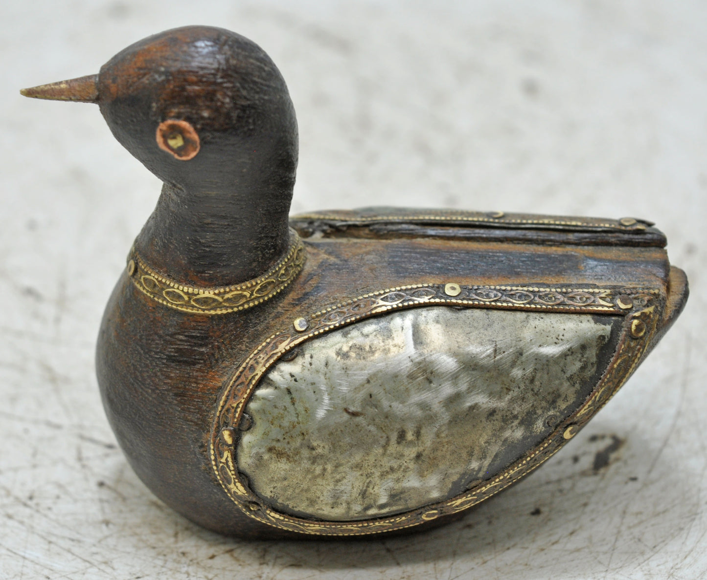 Vintage Wooden Duck Figurine Original Old Hand Carved White Metal Fitted