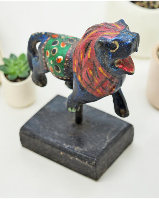 Vintage Wooden Lion Figurine Original Old Hand Carved Painted