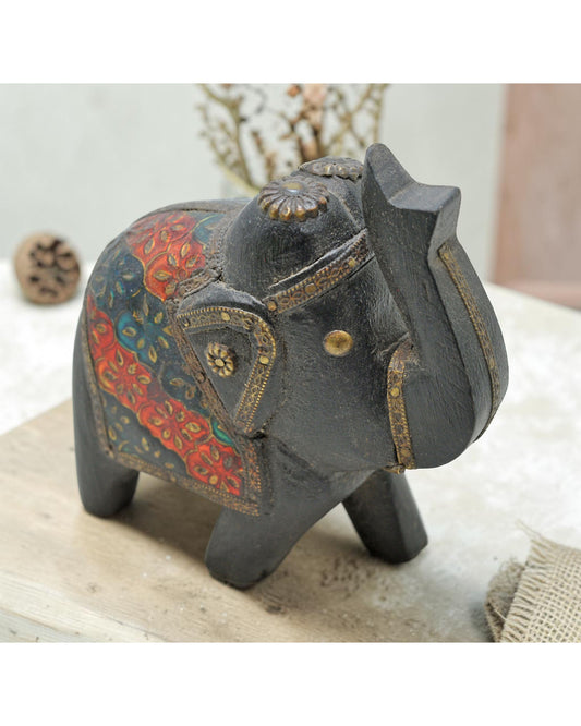 Vintage Wooden Small Elephant Figurine Original Old Hand Carved