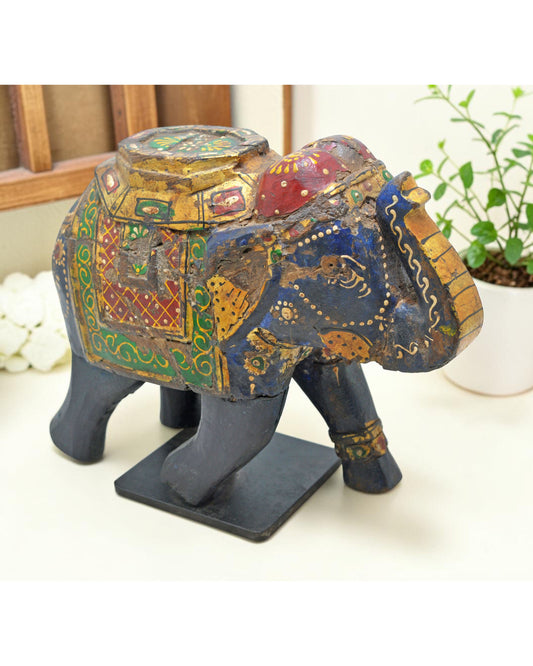 Vintage Wooden Elephant Figurine Original Old Hand Carved Painted
