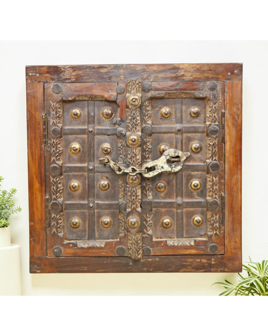 Antique Wooden Wall Décor Window Panel With Frame Original Old Fine Carved Metal Fitted