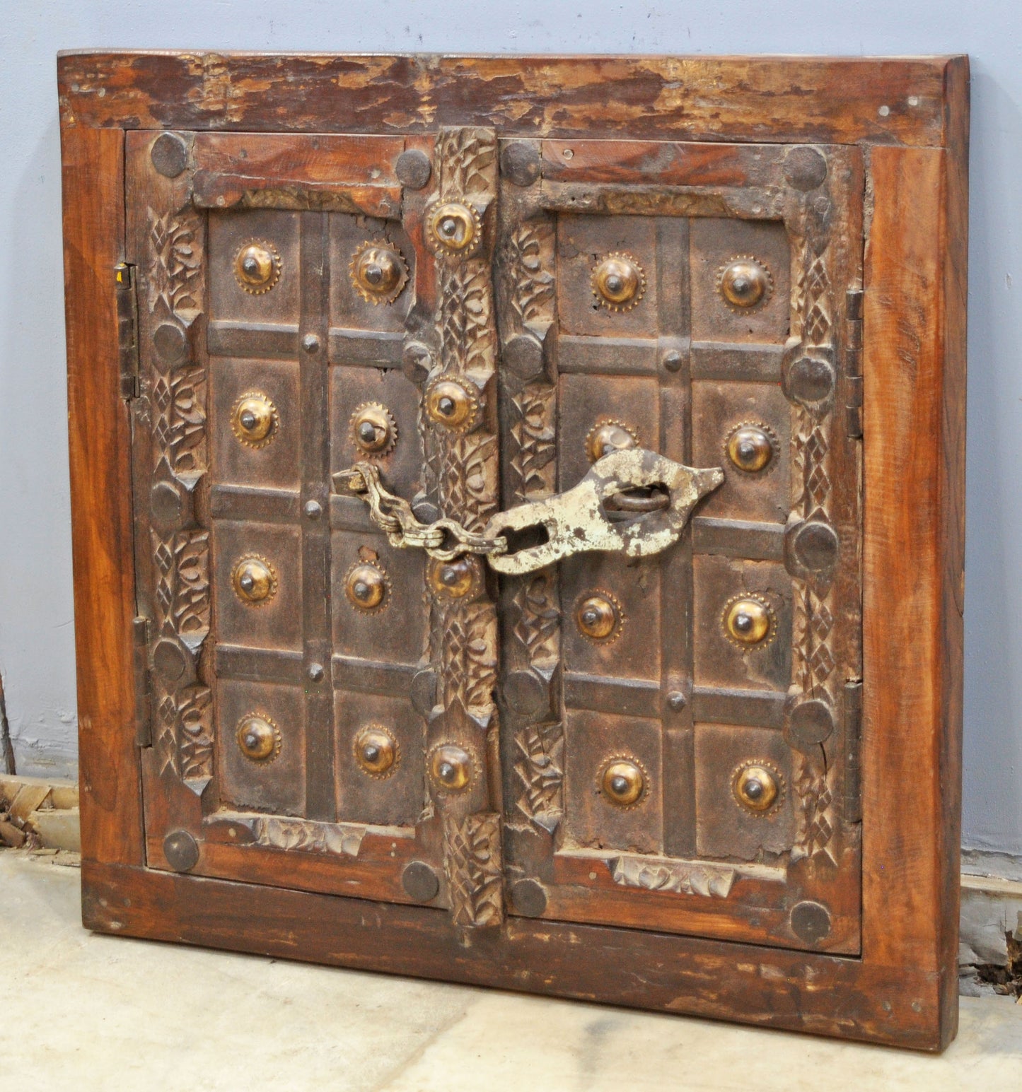 Antique Wooden Wall Décor Window Panel With Frame Original Old Fine Carved Metal Fitted