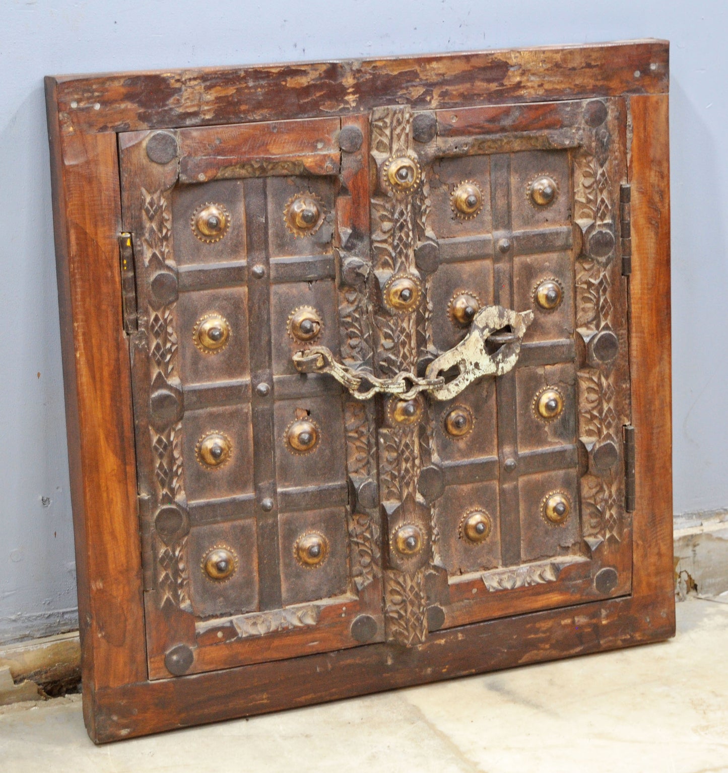 Antique Wooden Wall Décor Window Panel With Frame Original Old Fine Carved Metal Fitted
