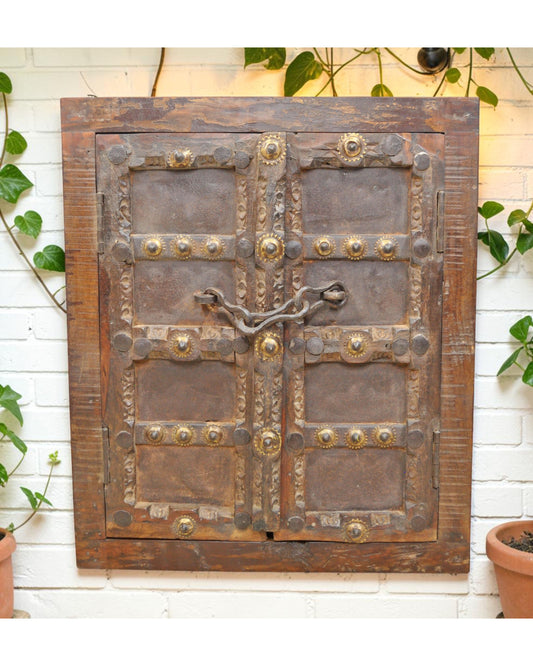 Antique Wooden Wall Décor Window Panel With Frame Original Old Fine Carved Brass Fitted