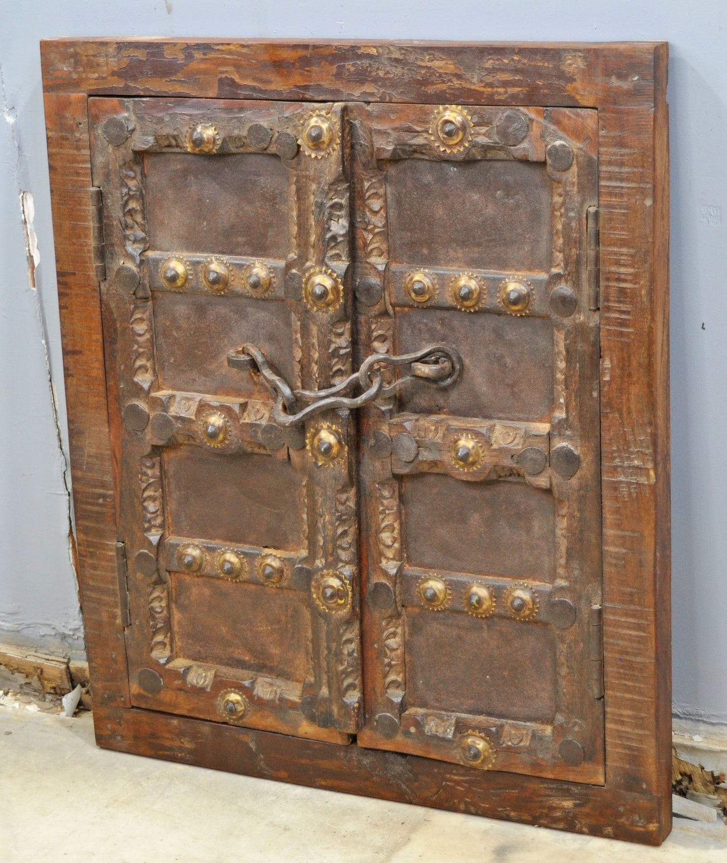 Antique Wooden Wall Décor Window Panel With Frame Original Old Fine Carved Brass Fitted