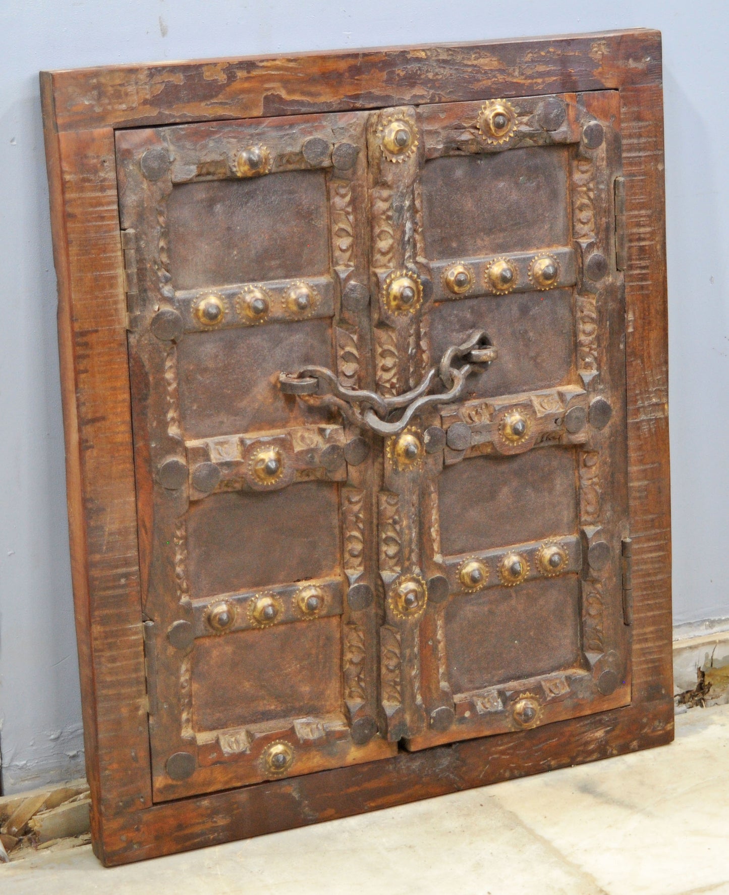 Antique Wooden Wall Décor Window Panel With Frame Original Old Fine Carved Brass Fitted