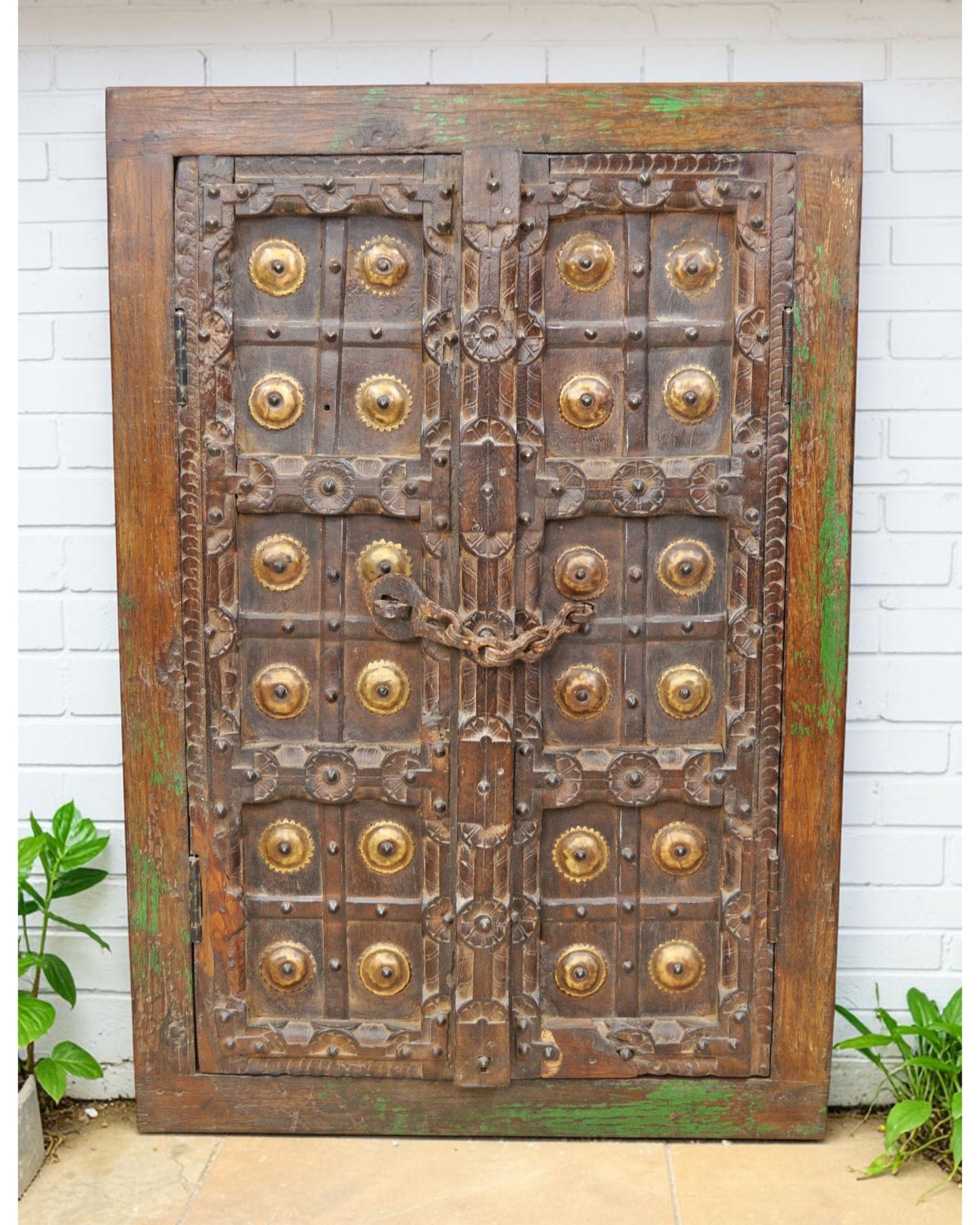 Antique Wooden Wall Décor Window Panel With Frame Original Old Fine Carved Brass Fitted