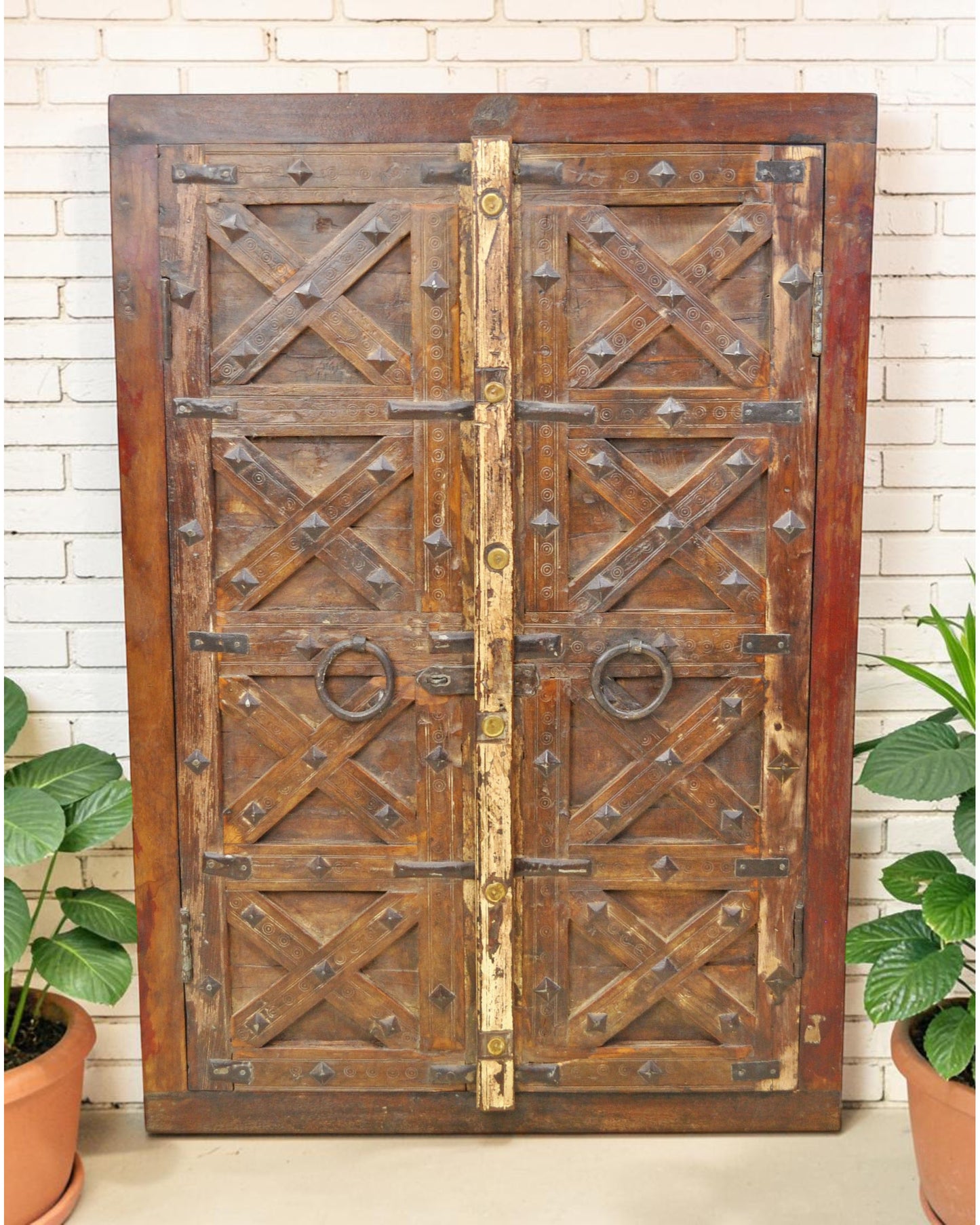 Antique Wooden Wall Décor Window Panel With Frame Original Old Fine Carved Metal Fitted