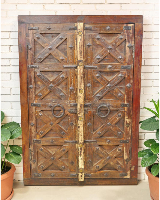 Antique Wooden Wall Décor Window Panel With Frame Original Old Fine Carved Metal Fitted