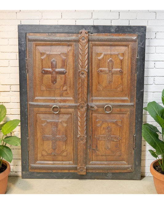 Antique Wooden Wall Décor Window Panel With Frame Original Old Fine Carved Metal Fitted