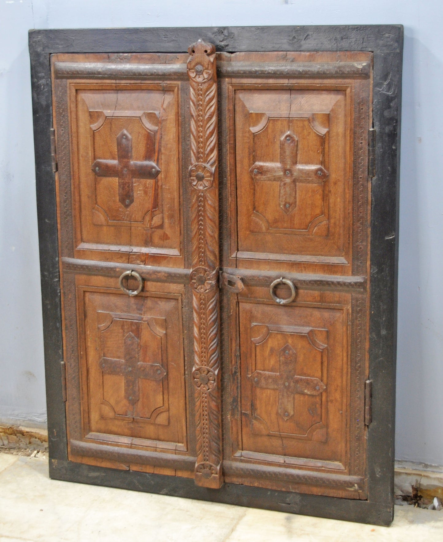 Antique Wooden Wall Décor Window Panel With Frame Original Old Fine Carved Metal Fitted