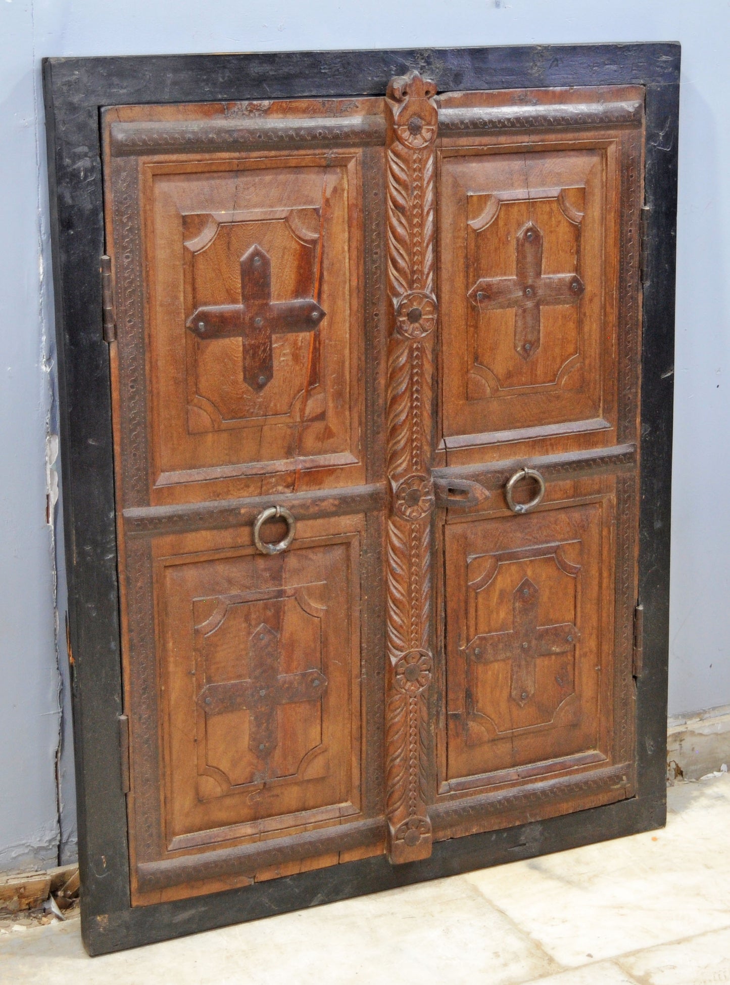 Antique Wooden Wall Décor Window Panel With Frame Original Old Fine Carved Metal Fitted