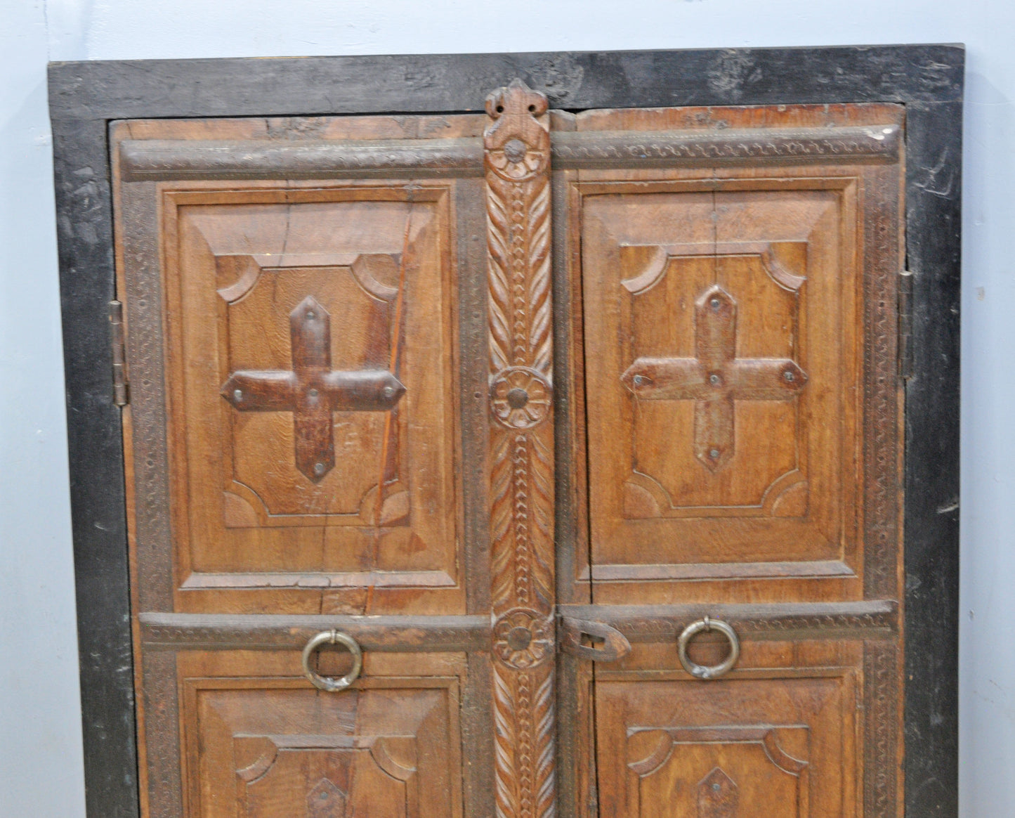 Antique Wooden Wall Décor Window Panel With Frame Original Old Fine Carved Metal Fitted
