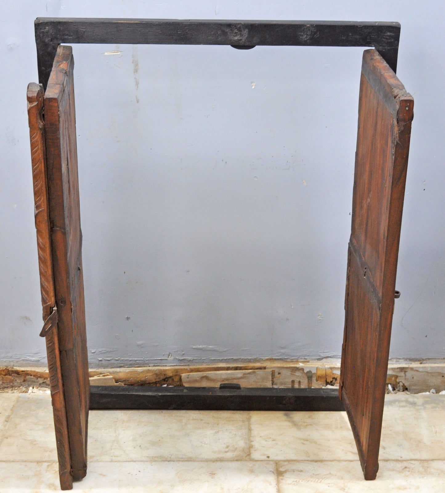 Antique Wooden Wall Décor Window Panel With Frame Original Old Fine Carved Metal Fitted