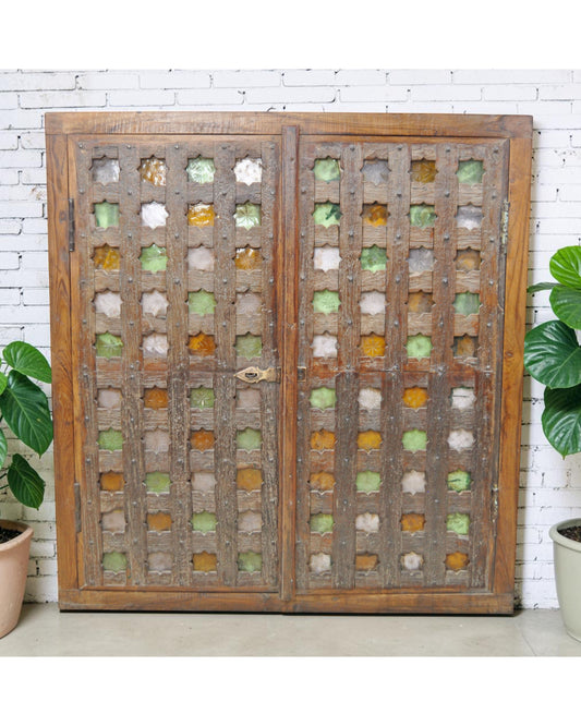 Antique Wooden Large Wall Décor Window Panel Original Old Fine Carved Stained Glass Fitted