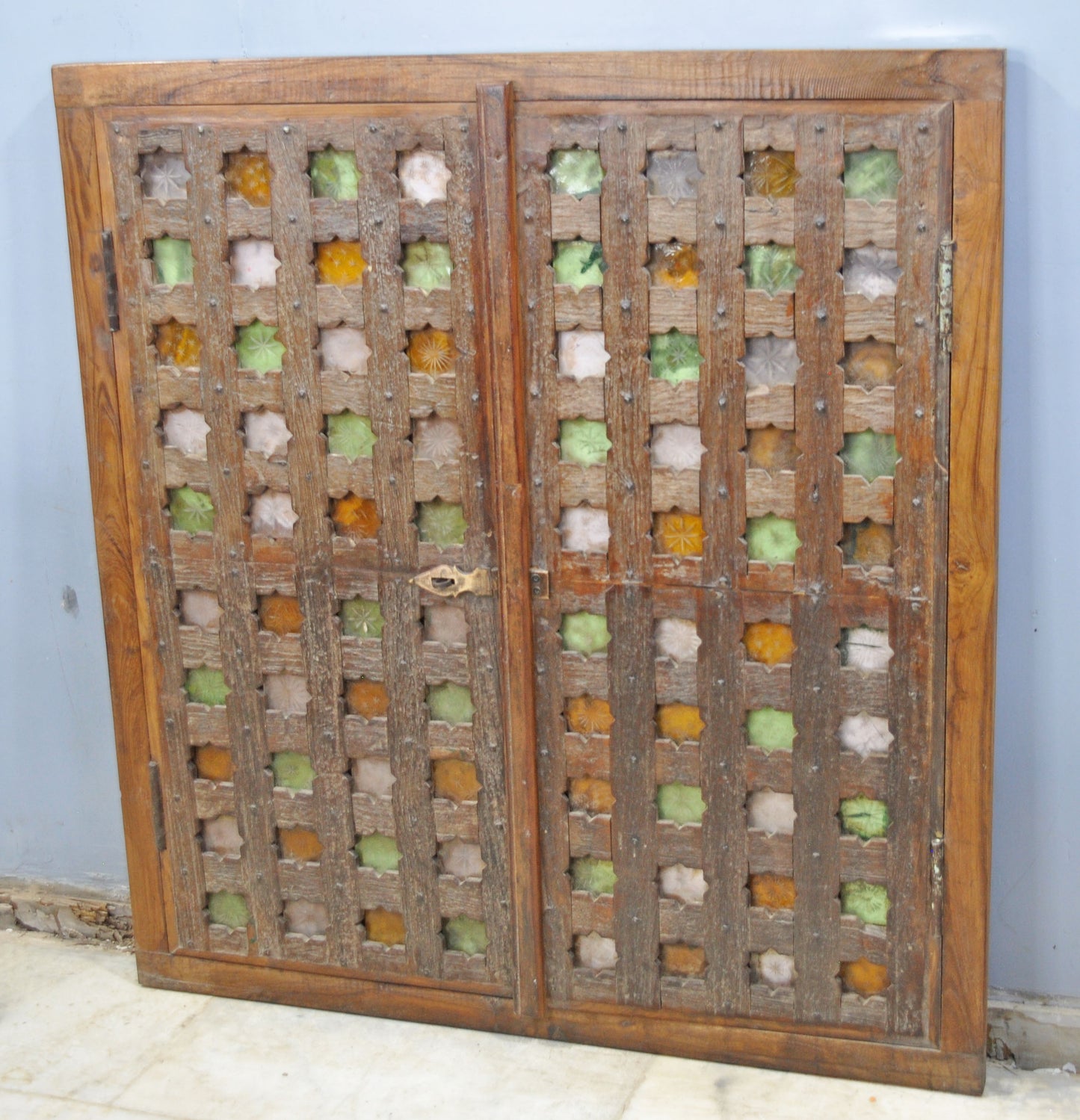 Antique Wooden Large Wall Décor Window Panel Original Old Fine Carved Stained Glass Fitted