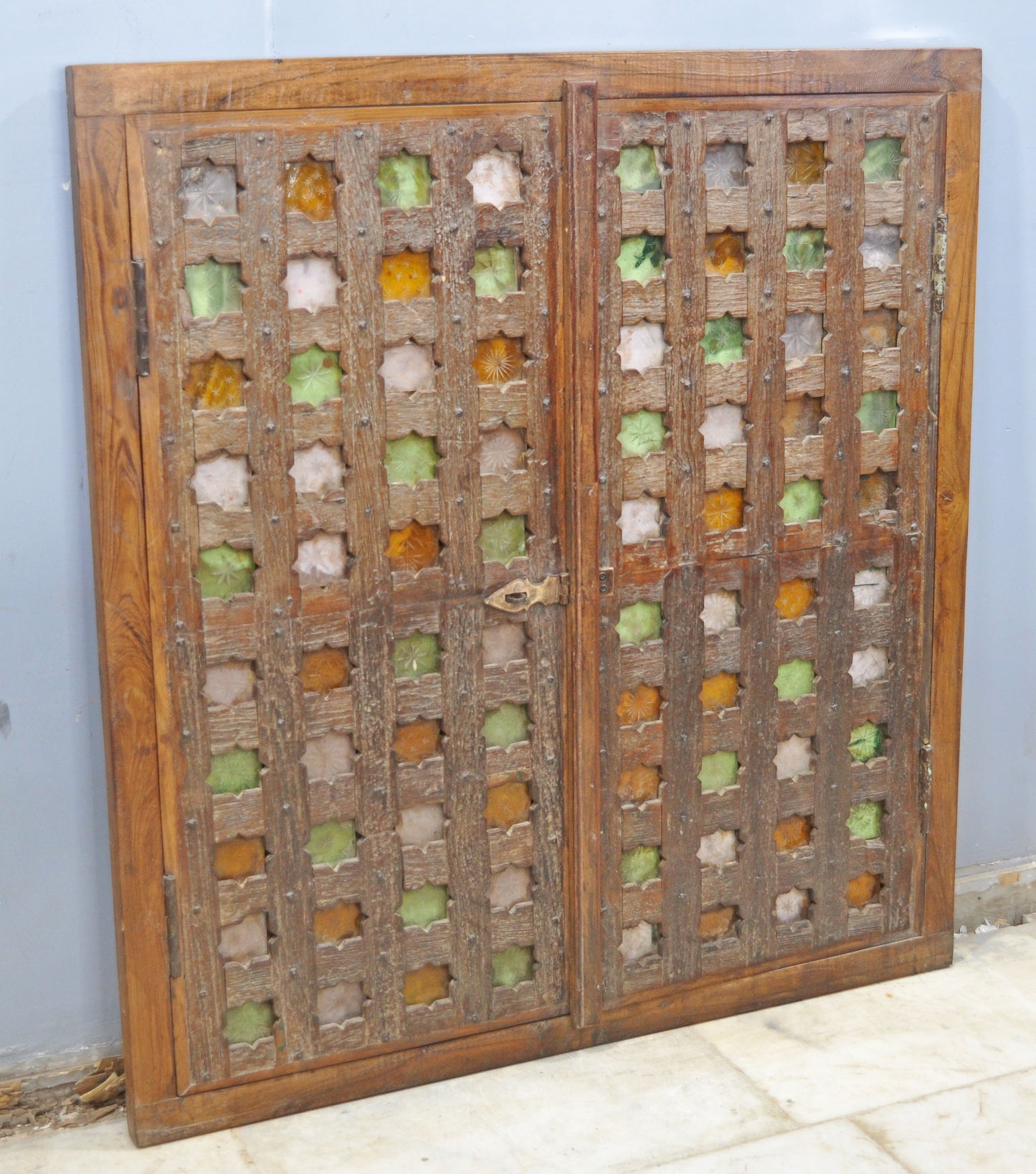 Antique Wooden Large Wall Décor Window Panel Original Old Fine Carved Stained Glass Fitted