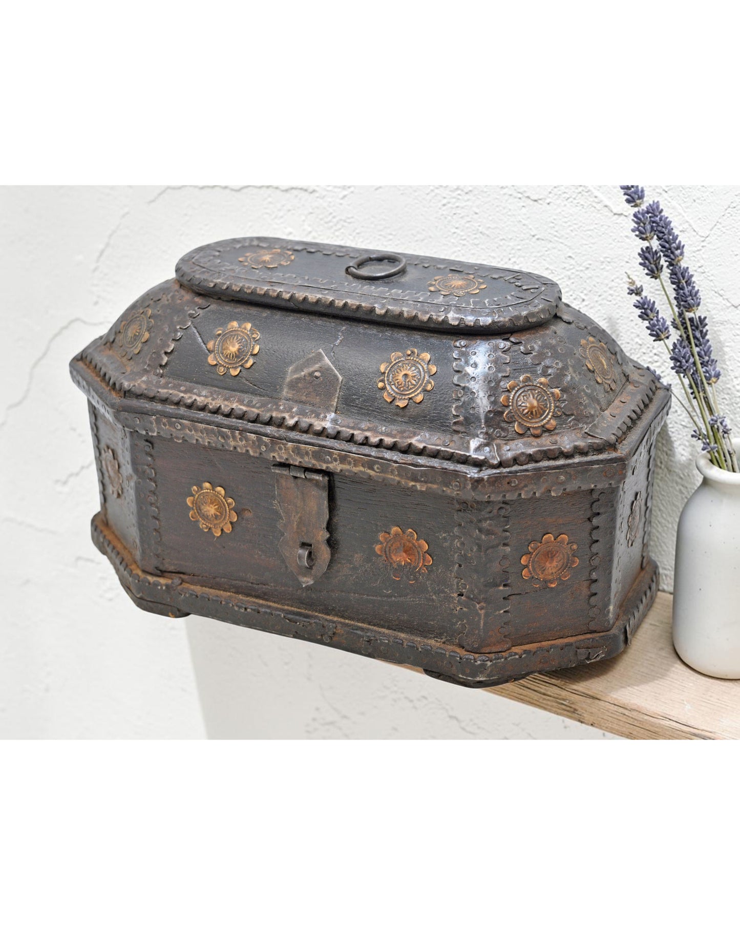 Vintage Wooden Dome Shaped Storage Box Original Old Hand Crafted Brass Fitted