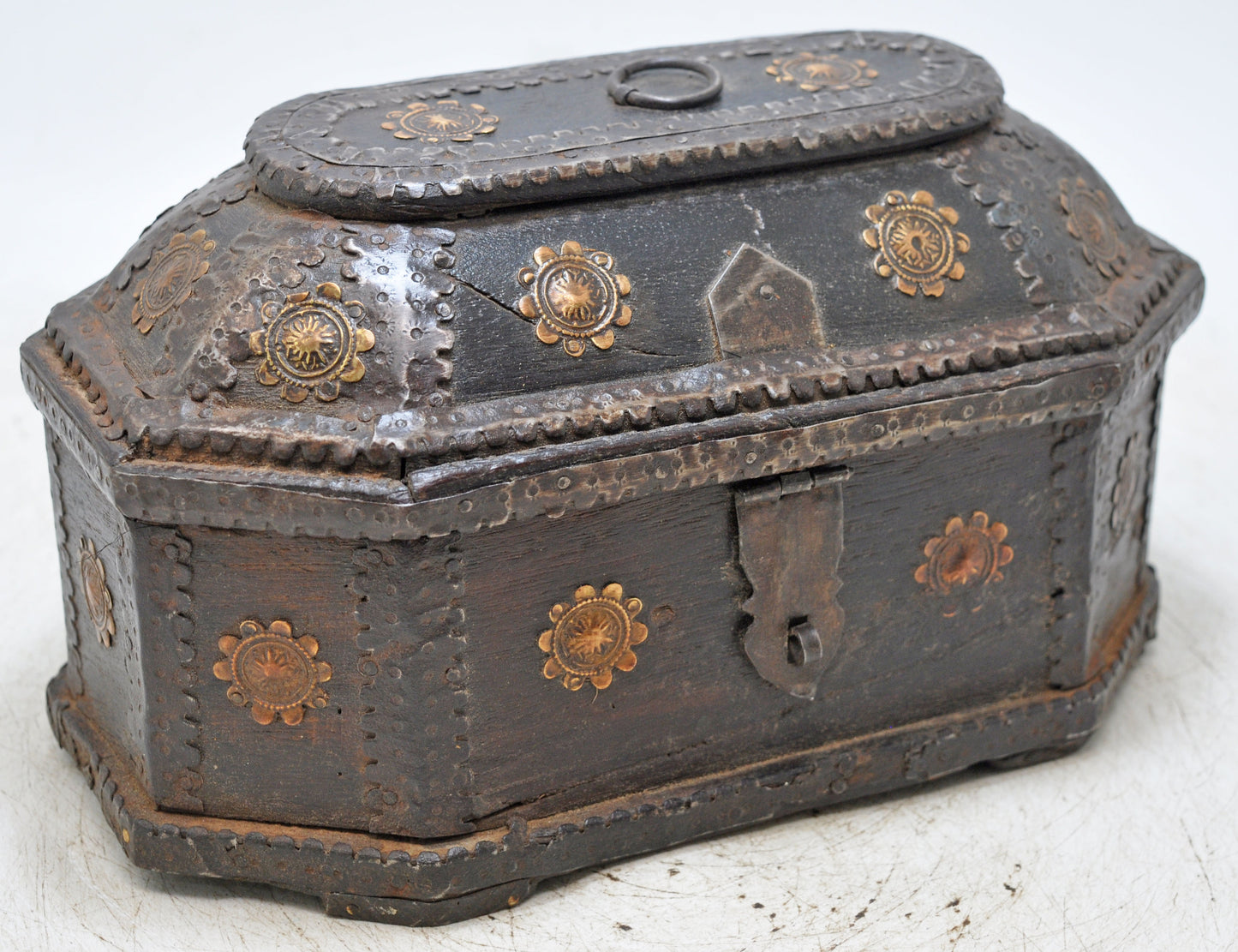 Vintage Wooden Dome Shaped Storage Box Original Old Hand Crafted Brass Fitted