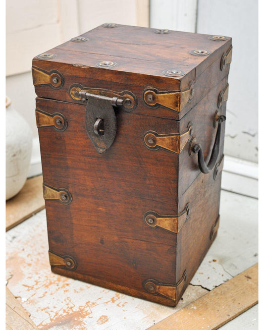 Vintage Wooden Tall Storage Box Original Old Hand Crafted Metal Fitted