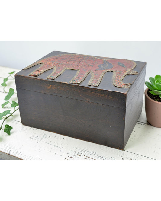 Vintage Wooden Storage Box Original Old Hand Crafted Elephant Metal Fitted