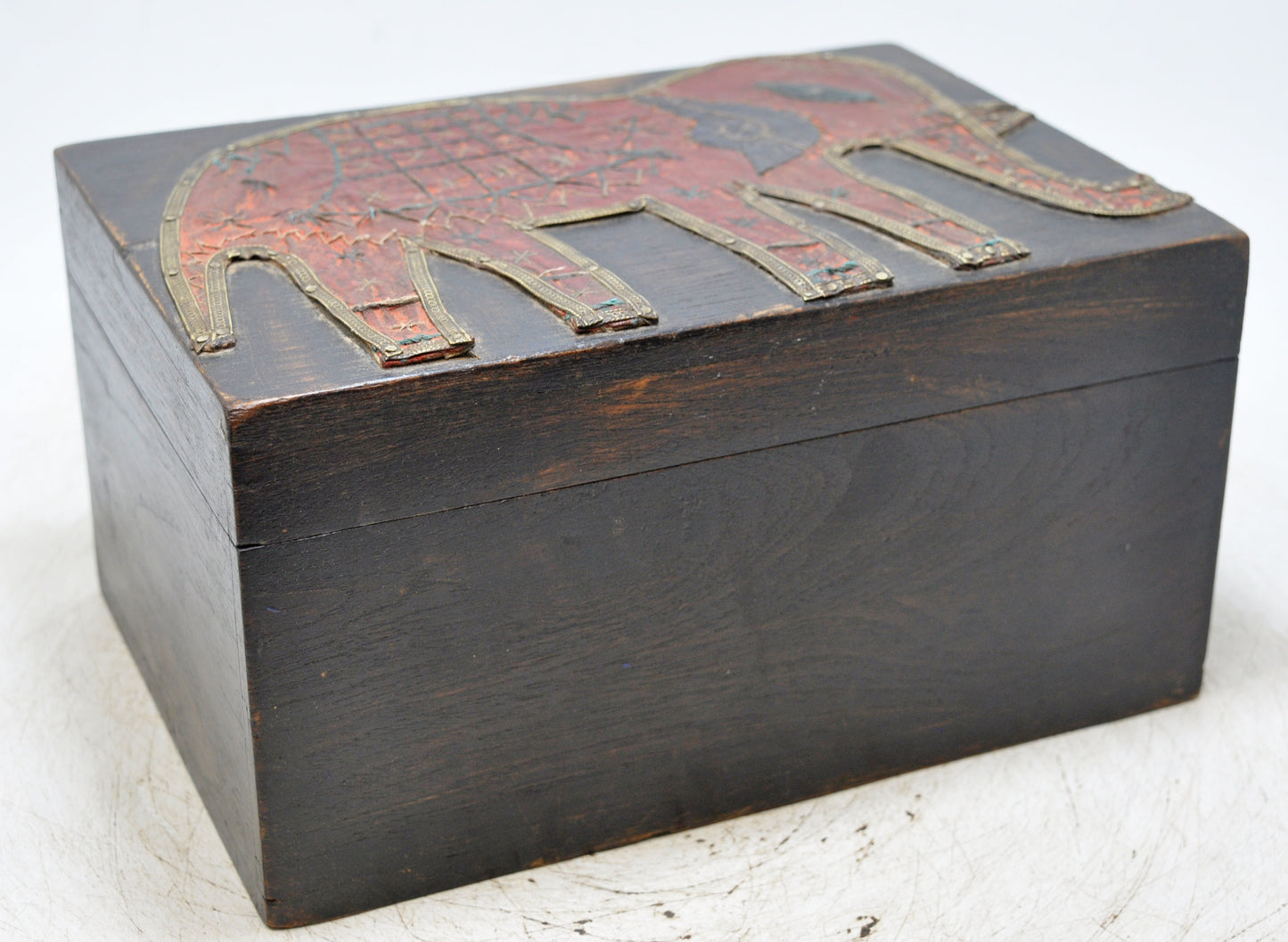 Vintage Wooden Storage Box Original Old Hand Crafted Elephant Metal Fitted