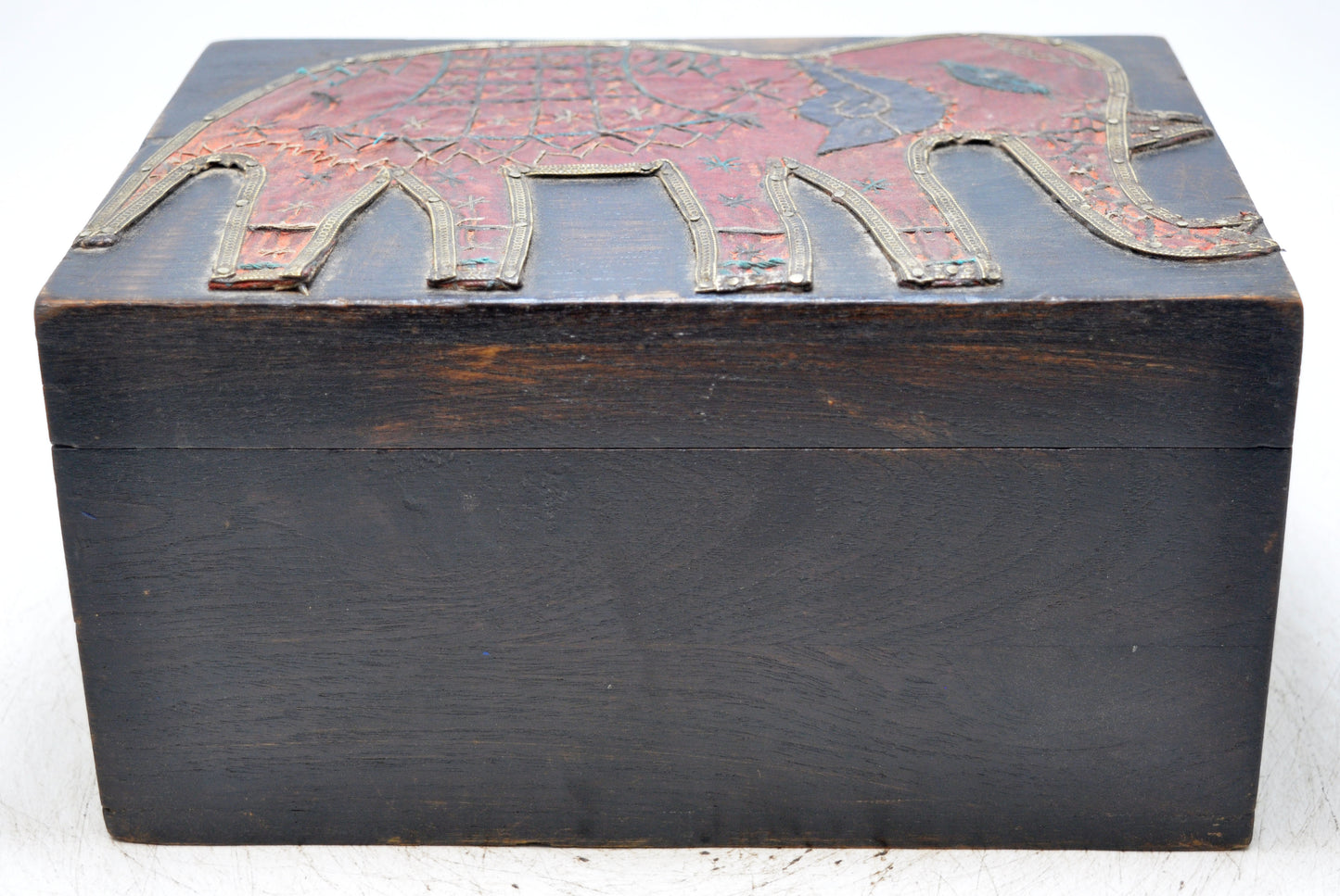 Vintage Wooden Storage Box Original Old Hand Crafted Elephant Metal Fitted